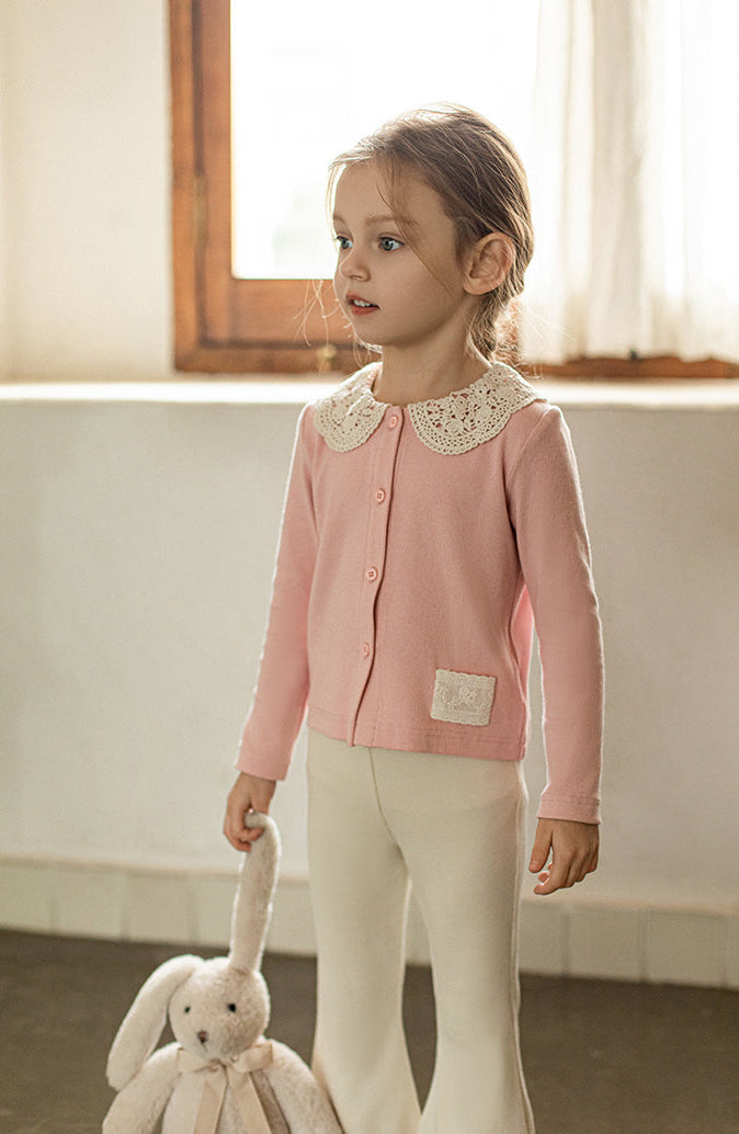 Crochet Collar Ribbed Blouse, Blush Pink