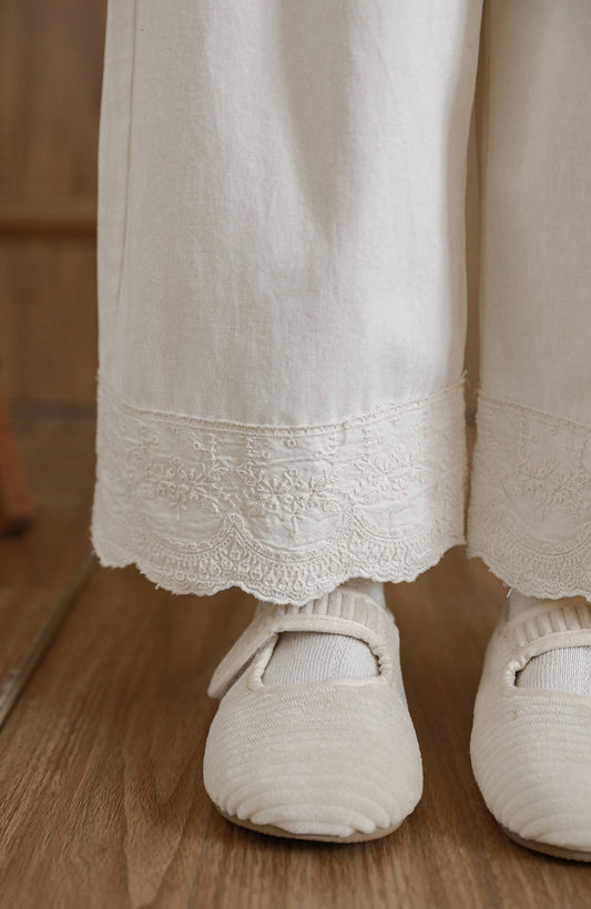 Girls Lace Embroidered Pleated Trousers, Ivory