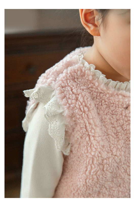 Lace Trim Pile Gilet, Blush Pink