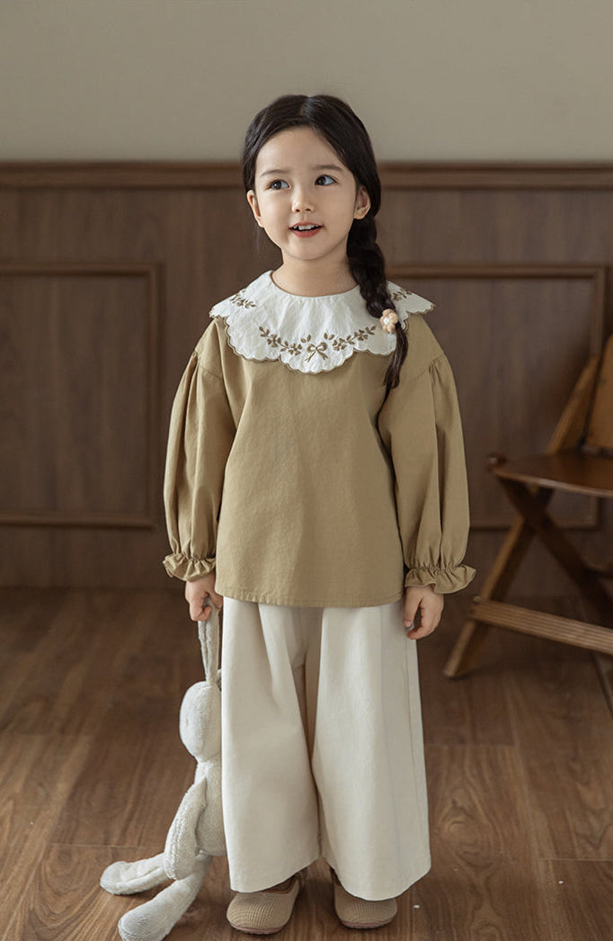 Embroidered Collar Blouse, Toffee