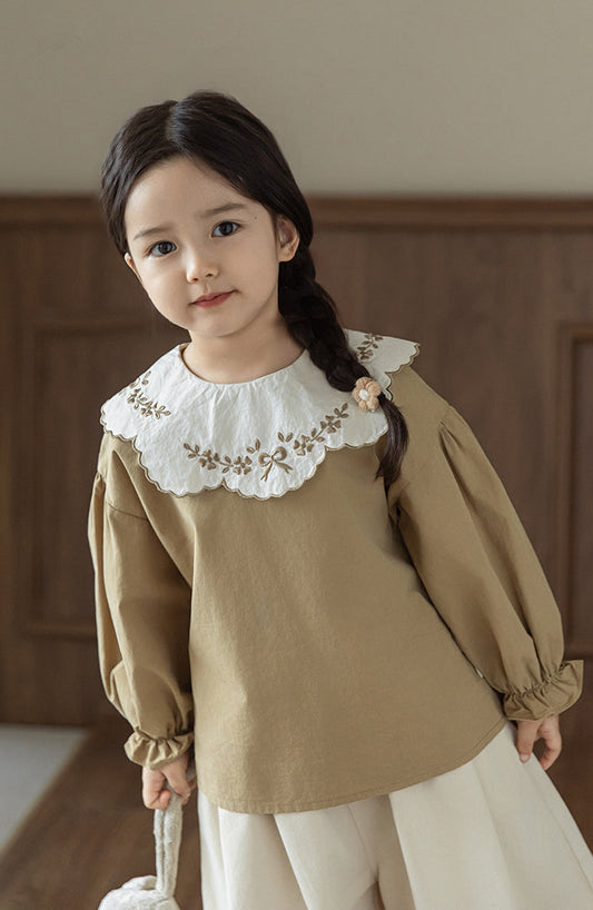 Embroidered Collar Blouse, Toffee