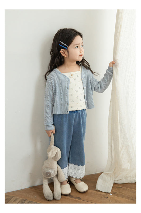 Cotton Ribbed Knit Pointelle Cardigan, Misty Blue