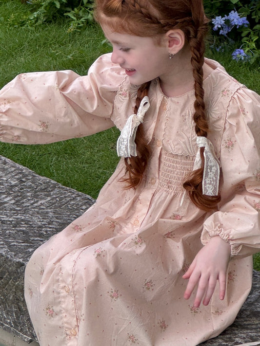 Evelyn Embroidered Collar Smocked Dress, Blush Pink Floral