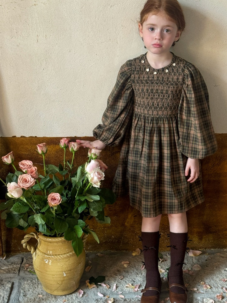 Olivia Floral Crochet Smocked Dress, Olive & Beige
