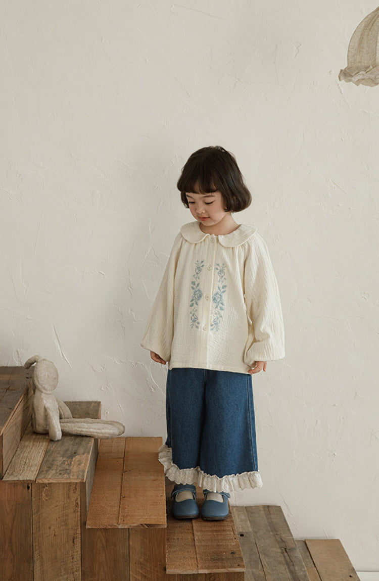 Lace Hem Ruffled Wide-Leg Jeans, Classic Blue
