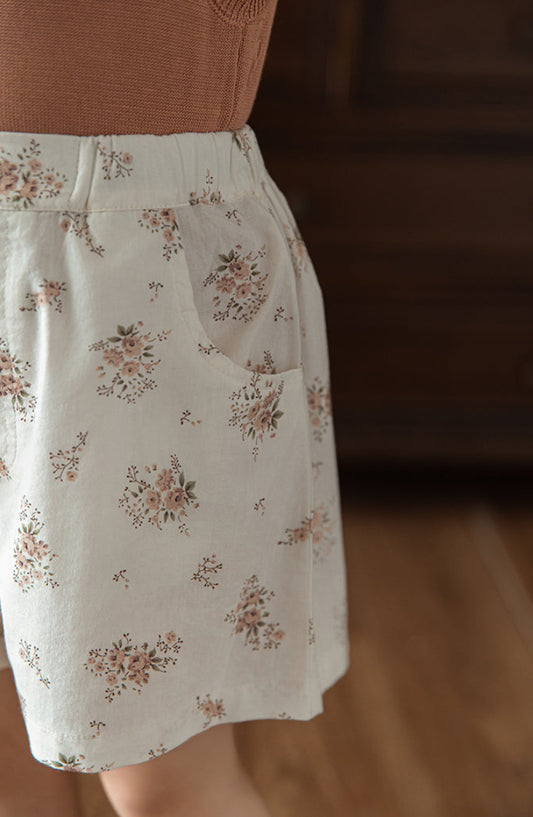 Cotton Poplin Shorts, Ivory Floral
