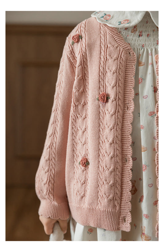 Cotton Cable Knit Floral Crochet Cardigan, Dusty Rose