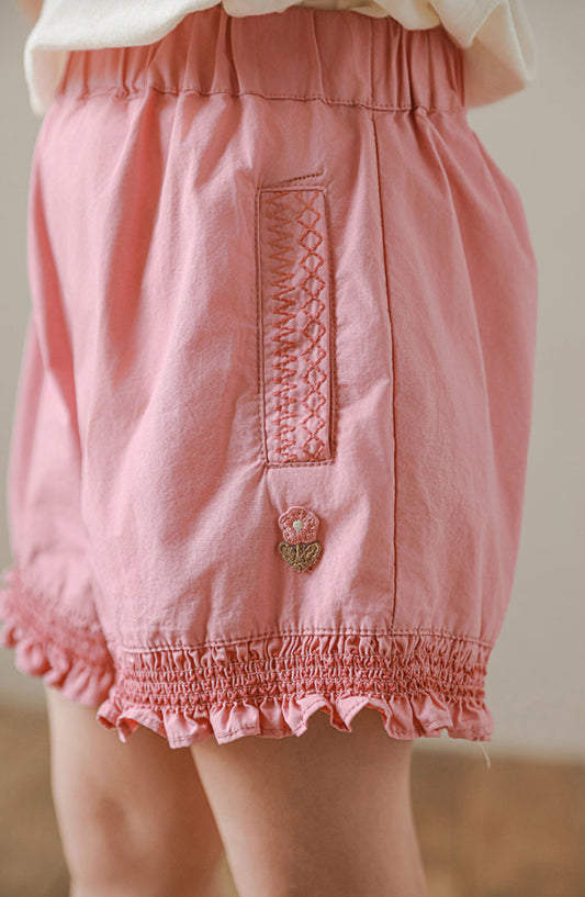 Floral Embroidered Ruffled Shorts, Rose Pink