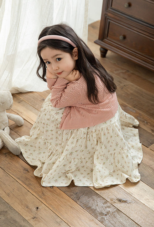 Cotton Ribbed Knit Pointelle Cardigan, Dusty Rose