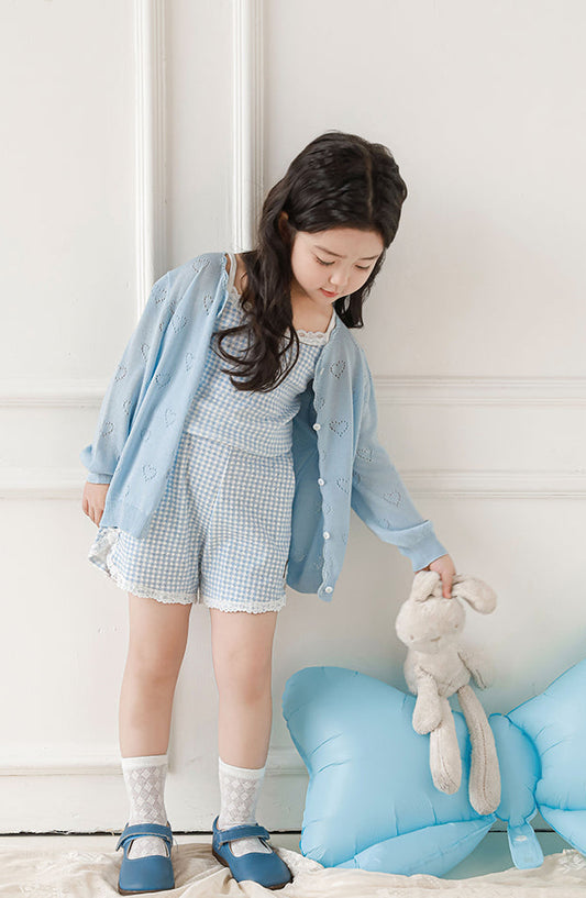Lyocell Knit Heart Pointelle Cardigan, Powder Blue