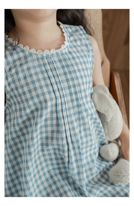 Freya Lace Trim Pleated Dress, Blue Gingham
