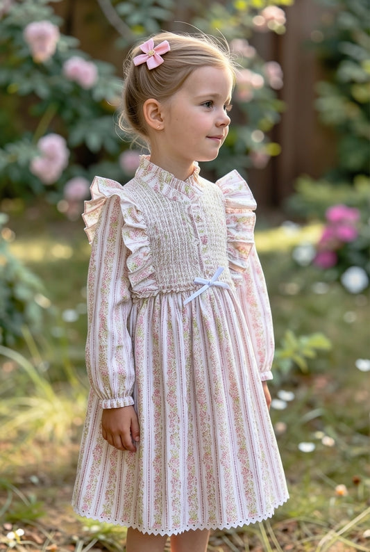 Rosalie Hand-Smocked Dress, Blush Floral Stripe
