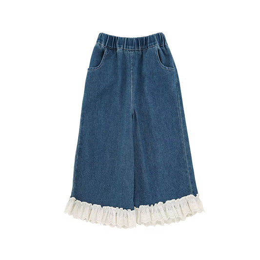Lace Hem Ruffled Wide-Leg Jeans, Classic Blue
