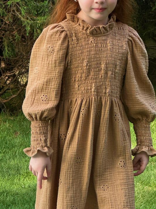 Georgia Broderie Muslin Smocked Dress, Caramel