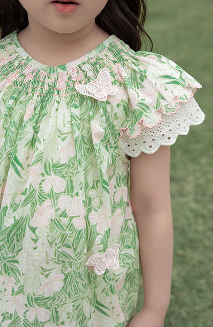 Ivy Butterfly Appliqué Dress, Green Floral