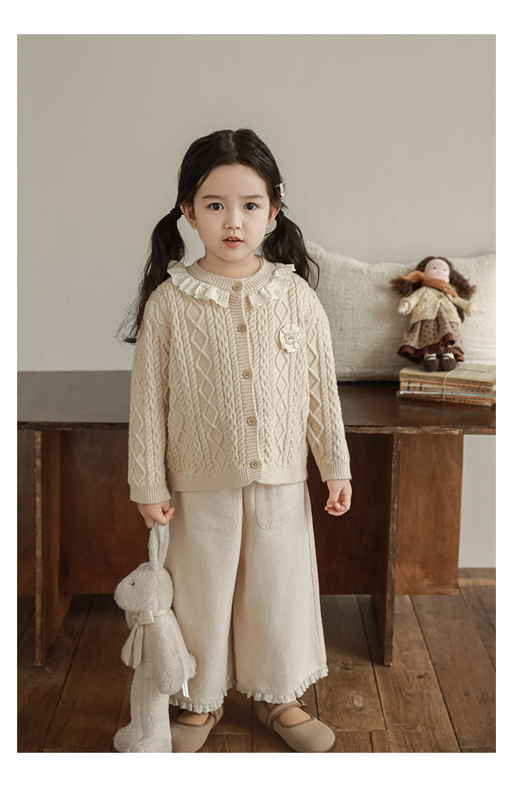 Linen Blend Lace Hem Trousers, Oat