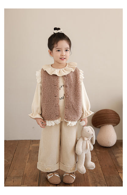 Lace Trim Pile Gilet, Latte Brown