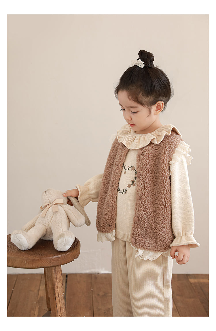 Lace Trim Pile Gilet, Latte Brown