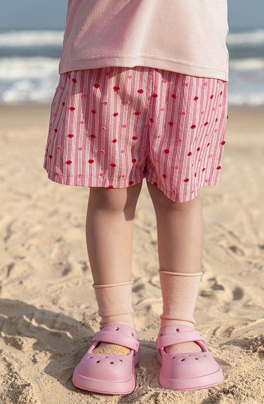 Ava & Bear London girls' summer shorts – pink striped with playful dots