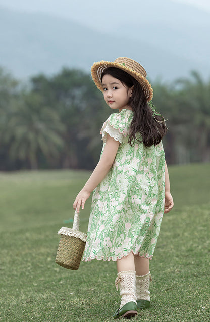 Ivy Butterfly Appliqué Dress, Green Floral
