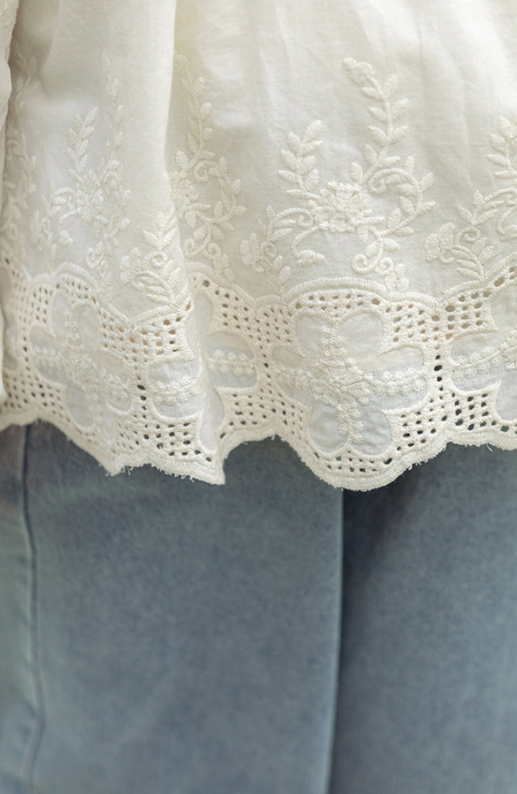 Floral Embroidered Broderie Detail Blouse, Ivory