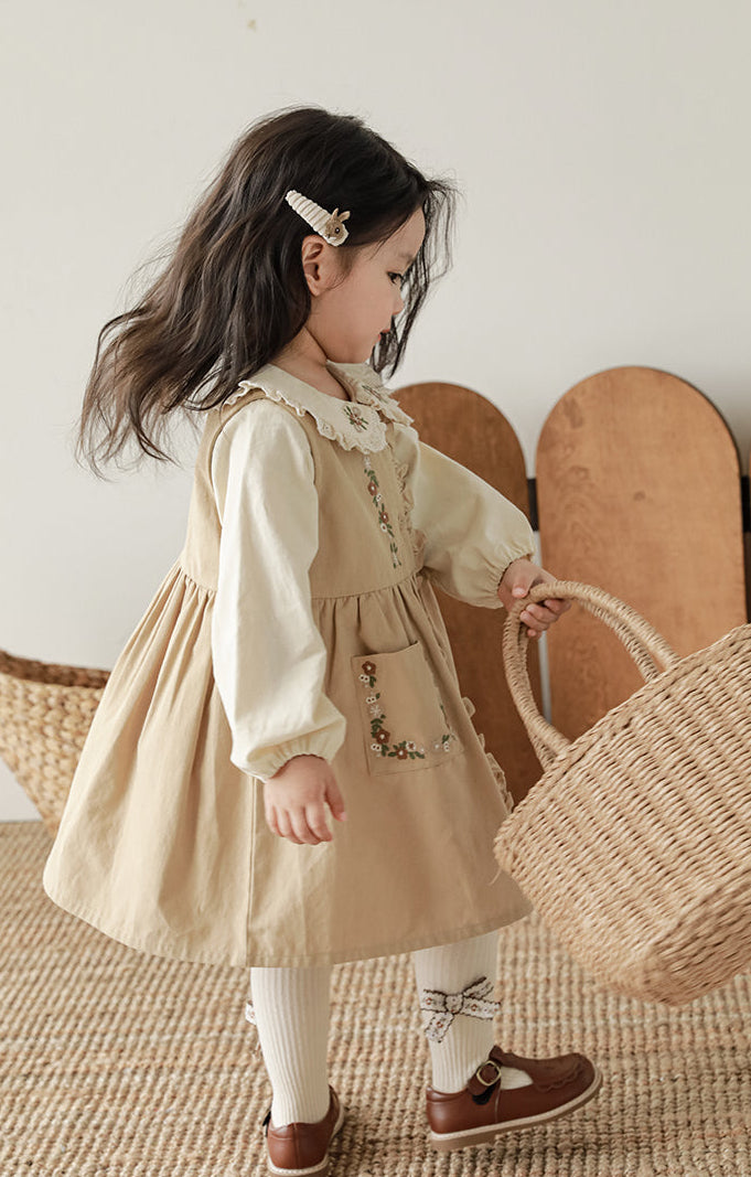 Audrey Embroidered Pinafore Dress, Beige