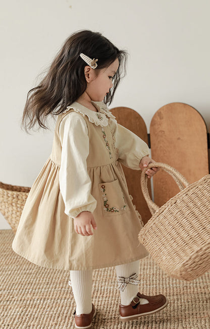 Audrey Embroidered Pinafore Dress, Beige