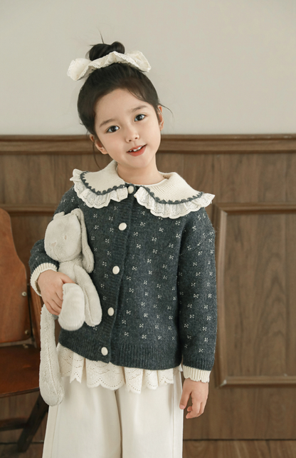 Lace Collar Embroidered Cardigan, Grey Floral