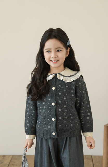 Lace Collar Embroidered Cardigan, Grey Floral