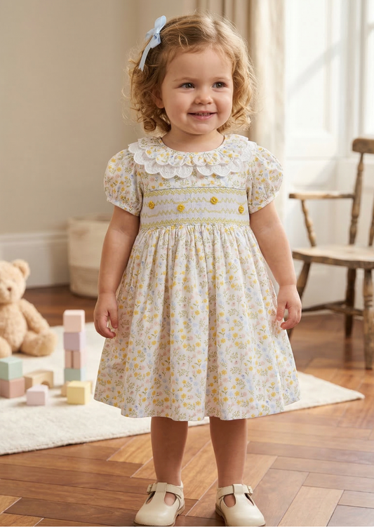 Bella Broderie Collar Hand-Smocked Dress, Honey Blossom