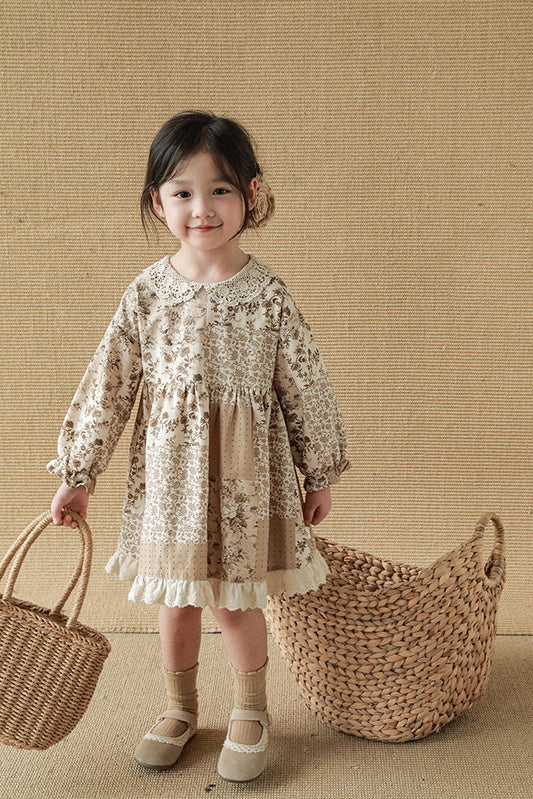 Fleur Crochet Collar Dress, Mocha Floral Patchwork
