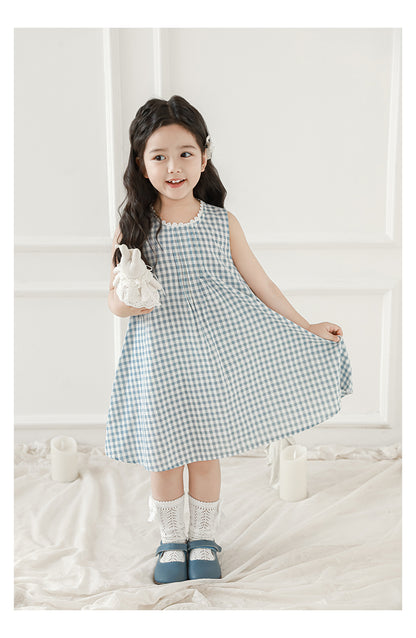 Freya Lace Trim Pleated Dress, Blue Gingham