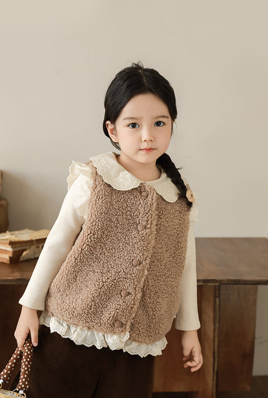 Lace Trim Pile Gilet, Latte Brown