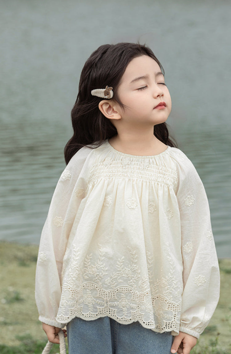 Floral Embroidered Broderie Detail Blouse, Ivory