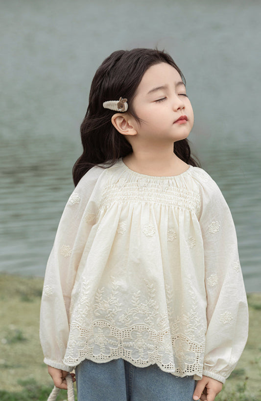 Floral Embroidered Broderie Detail Blouse, Ivory