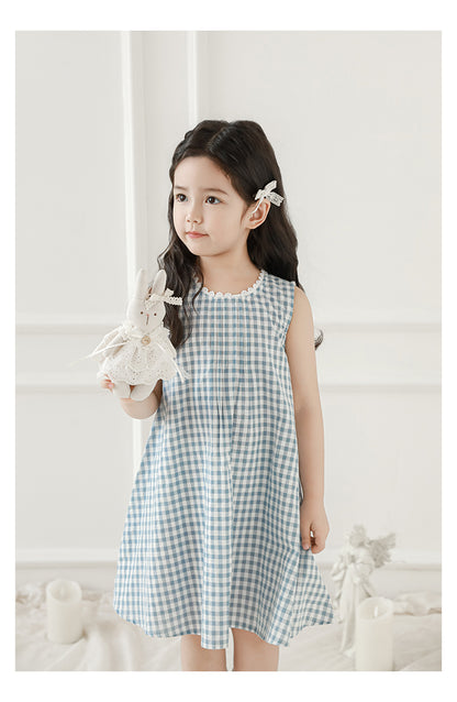 Freya Lace Trim Pleated Dress, Blue Gingham