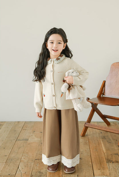 Girls Lace Embroidered Pleated Trousers, Camel