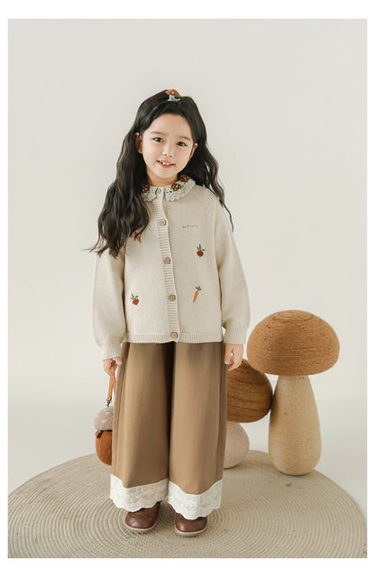 Girls Lace Embroidered Pleated Trousers, Camel
