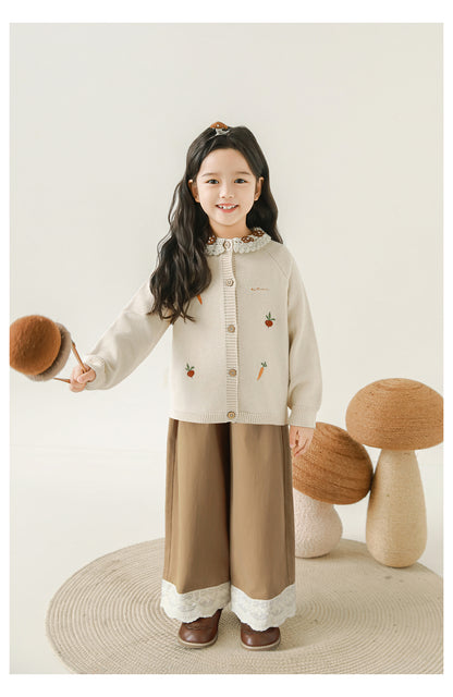 Girls Lace Embroidered Pleated Trousers, Camel