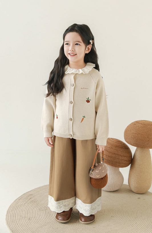 Girls Lace Embroidered Pleated Trousers, Camel