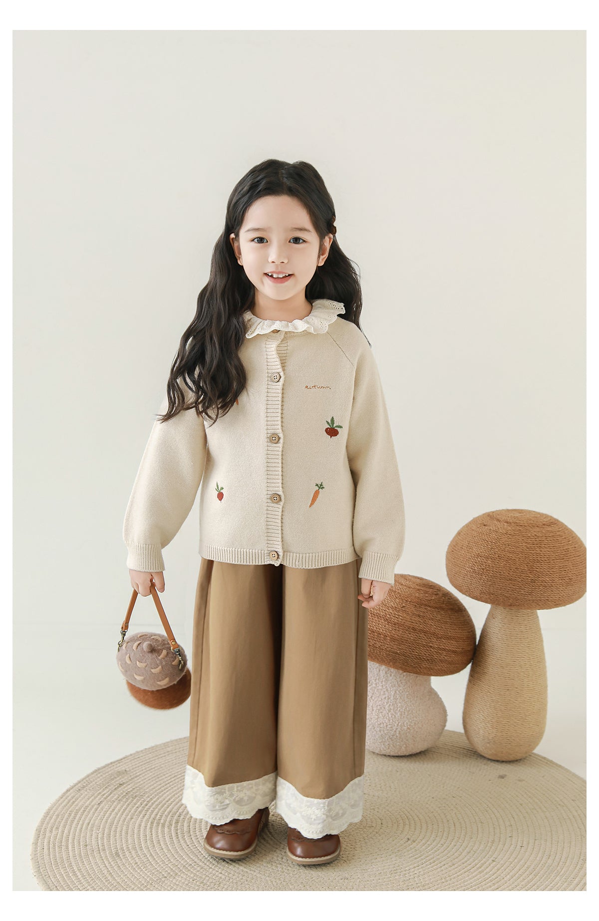 Girls Lace Embroidered Pleated Trousers, Camel