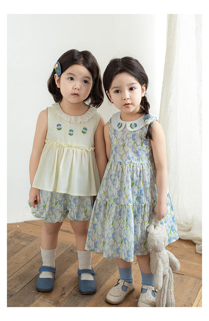 Eliza Embroidered Collar Dress, Blue Floral