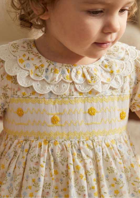 Bella Broderie Collar Hand-Smocked Dress, Honey Blossom