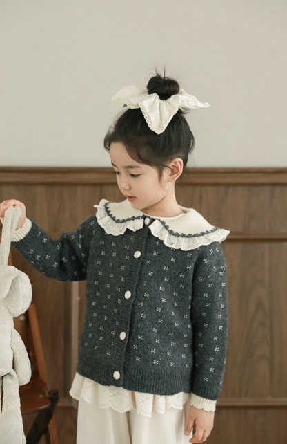 Lace Collar Embroidered Cardigan, Grey Floral