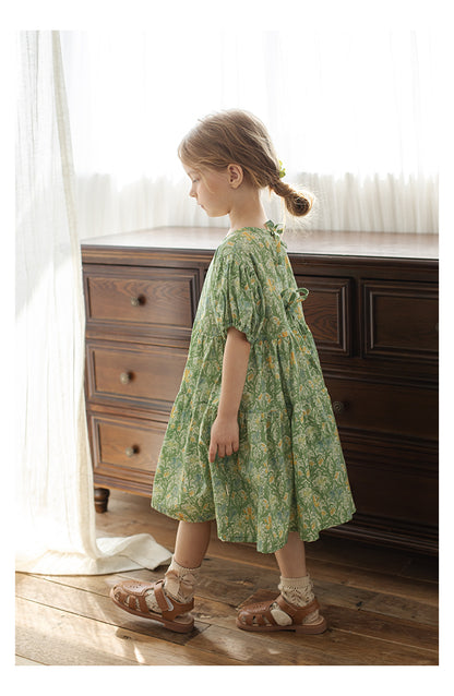 Daisy Tie-Back Dress, Green Floral