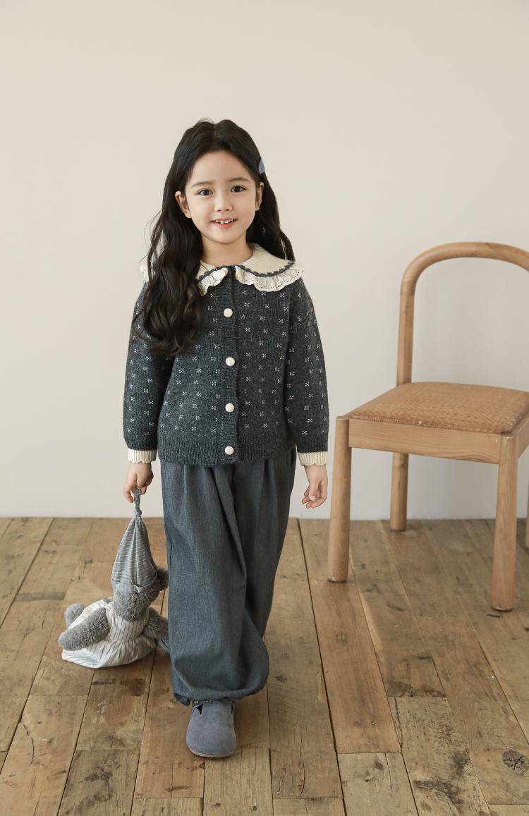 Lace Collar Embroidered Cardigan, Grey Floral