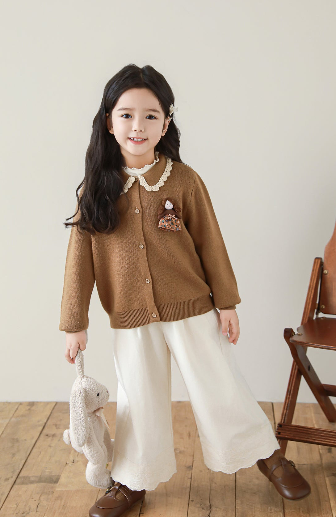 Girls Lace Embroidered Pleated Trousers, Ivory