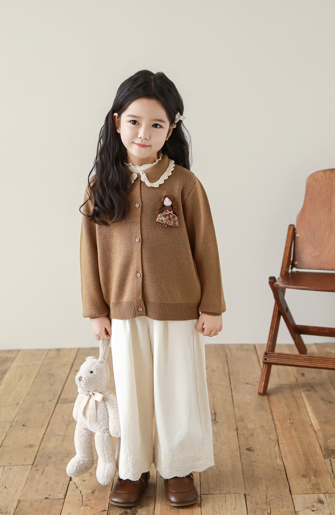 Girls Lace Embroidered Pleated Trousers, Ivory