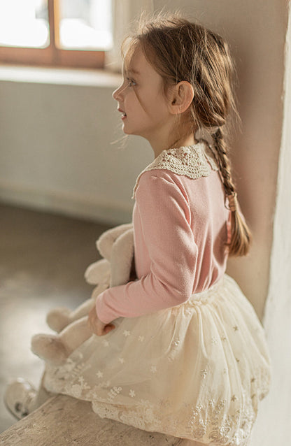 Crochet Collar Ribbed Blouse, Blush Pink