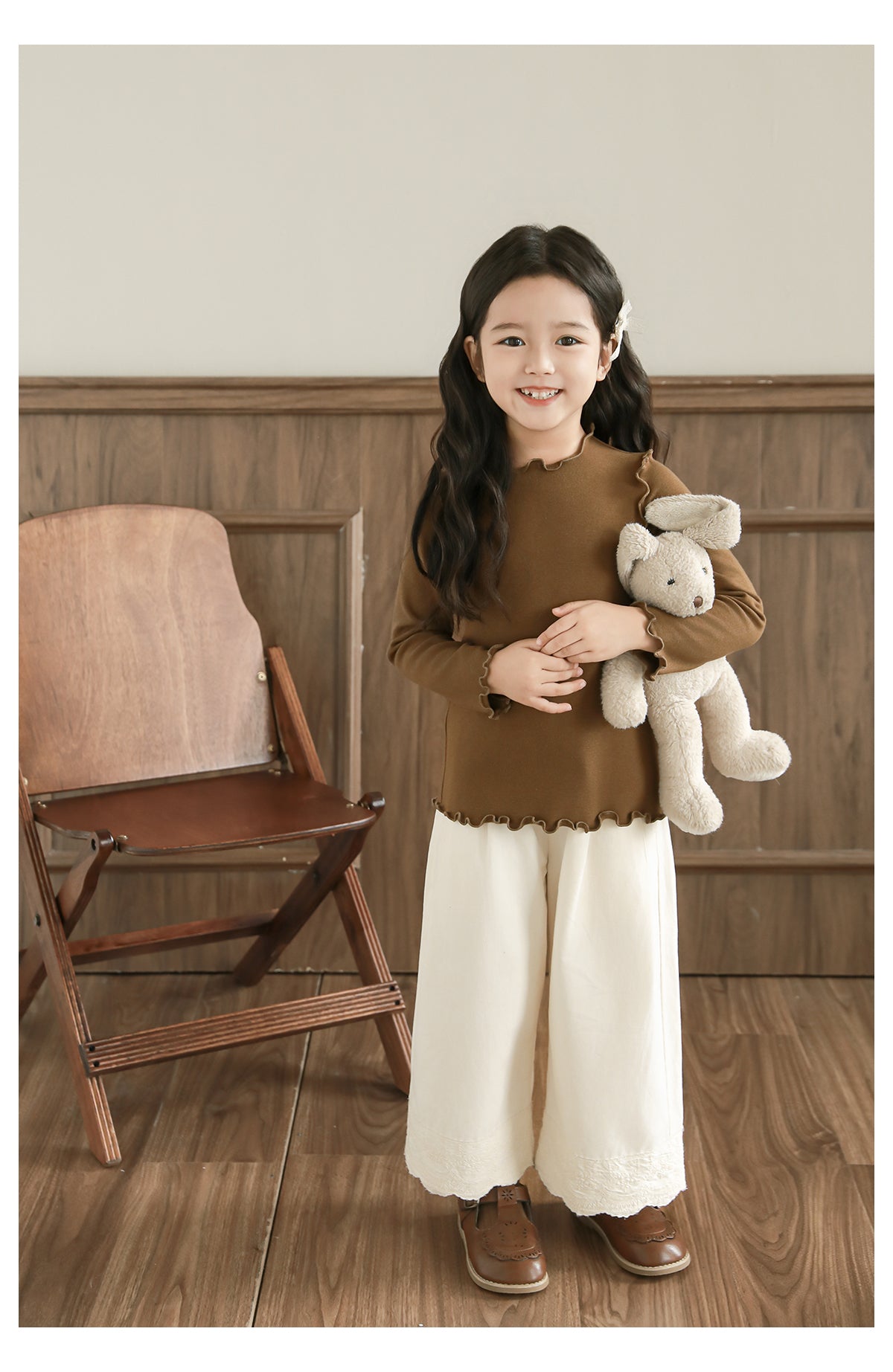 Girls Lace Embroidered Pleated Trousers, Ivory